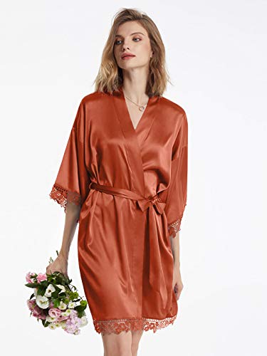Aw Bridal Satin Robe Silk Robes For Women With Lace Trim Elegant Bride Robe Bridesmaid Robes For Wedding, Burnt Orange Robe, S #TOP1