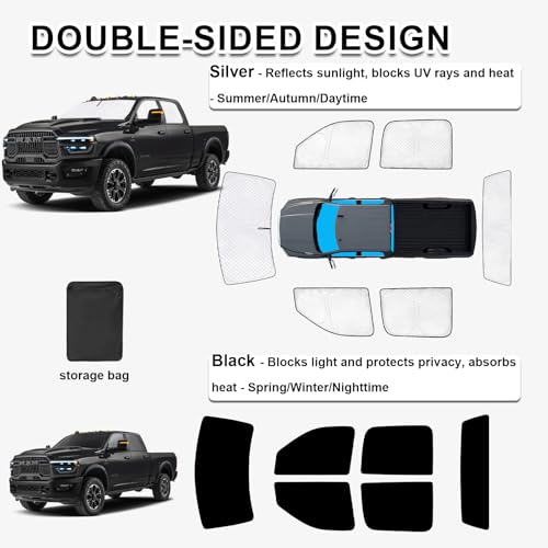 Image of KMF Full Window Sun Shade Custom Fit for 2025 Dodge Ram 2500 3500 Accessories 2010-2024, Ram Sunshade Privacy Car Window Covers for Windshield Side Rear, UV Block for Camping /Baby
