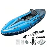 Nuwani 9ft Inflatable Fishing Kayak, 1-Person Foldable Boat, 220lb Capacity with Aluminum Oars, High Output Pump, Adjustable Seat, Removable Fins, Cargo Net for Adults, Lakes, Rivers and Fishing