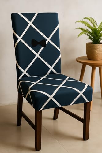 Image of Dining Chair Covers Set of 2, Stretchable Removable Washable Anti-Slip Universal Fit Printed Polyester Spandex Slipcovers (Blue Square)