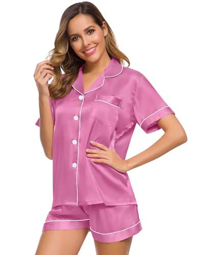 SWOMOG Womens Silk Satin Pajamas Set Short Sleeve Sleepwear Button Down Top and Shorts Loungewear 2 Piece Pjs Set XS-3XL Mauve Pink Medium