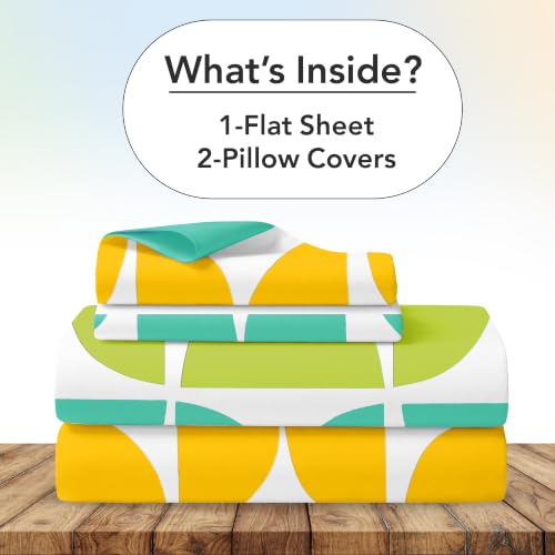 Image of Divine Casa Cotton King Size Bedsheet | 210 TC Soft Breathable Pigment Twill Satin Bed Sheet with 2 Pillow Covers | Luxury Bedding Set | 275 x 275 cm (Green & Blue, Gemetic)