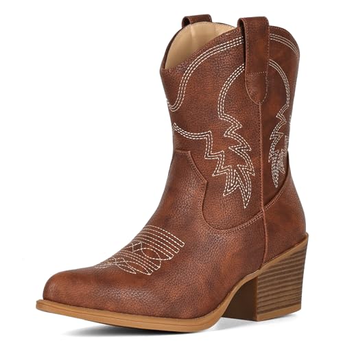 Image of IXU Cowboy Boots for Women Ankle Cowgirl Booties Wide Mid Calf Pointed Toe Western Boots Short Chunky Classic Booties