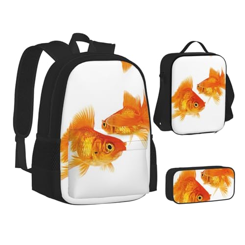 Sac d'école 3 en 1 en toile imprimé poisson mignon avec sac déjeuner et trousse noire