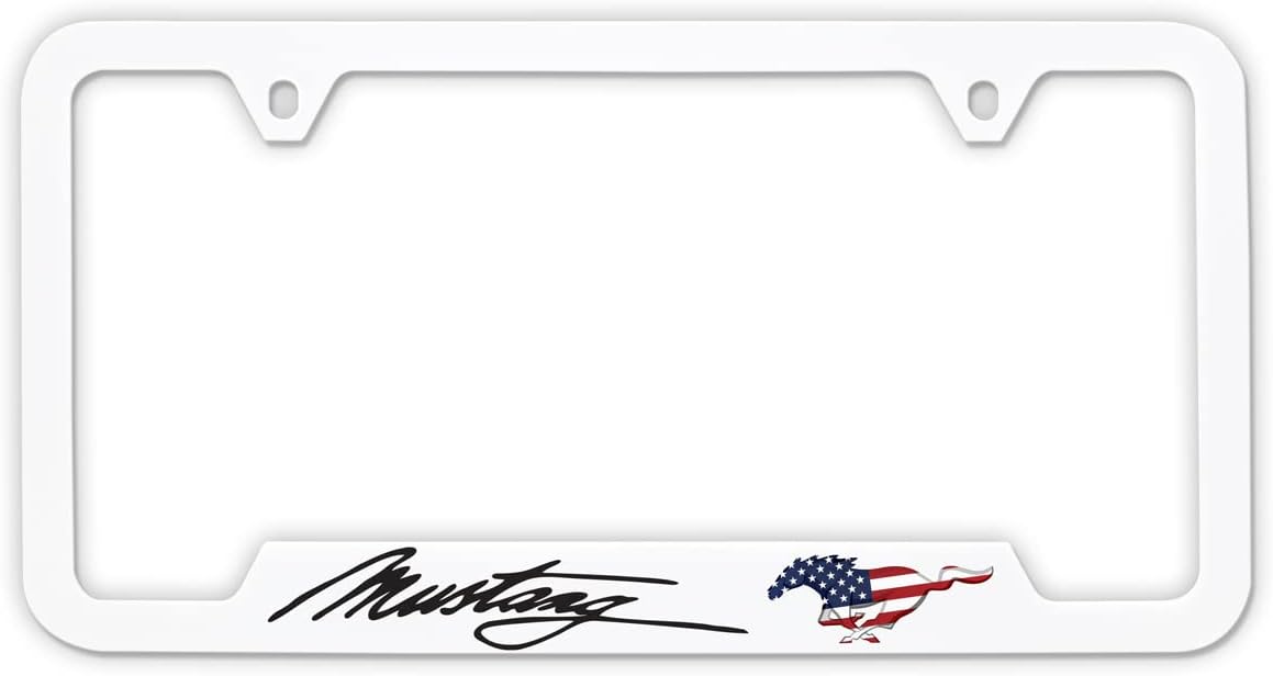 Ford Mustang Script Wordmark Patriotic UV Printed Black ABS Plastic License Plate Frame Holder