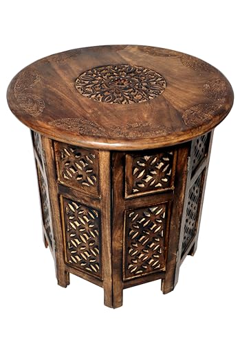 Image of Artesia Wooden Handcrafted Folding Round Coffee Table for Livingroom and Bedroom End Table Solid Wood Outdoor Center Table for Garden (Brown)