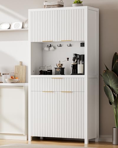 Image of Lulive White Fluted Pantry Cabinet with Charging Station, Adjustable Shelves, Spacious Kitchen Storage Organizer with Open Countertop, Kitchen Hutch with Storage Drawers for Dining & Living Room | Adjustable Shelves, Open Countertop, Drawer, Spacious Kitchen Storage