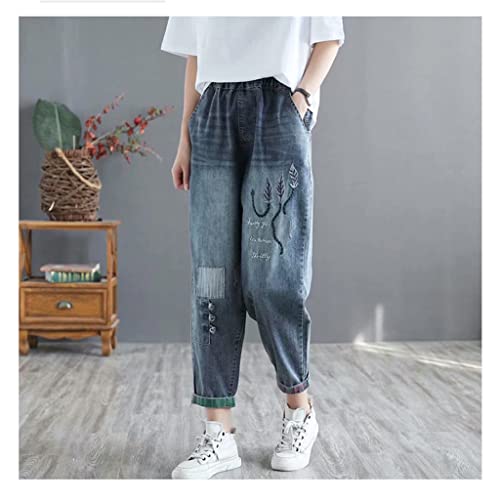 Ccbuy Spring Autumn Women Elastic Waist Cotton Denim Harem Pants Patch Design Vintage Embroidery Loose Casual Jeans (Color : Photo Color, Size : M Code) #TOP1