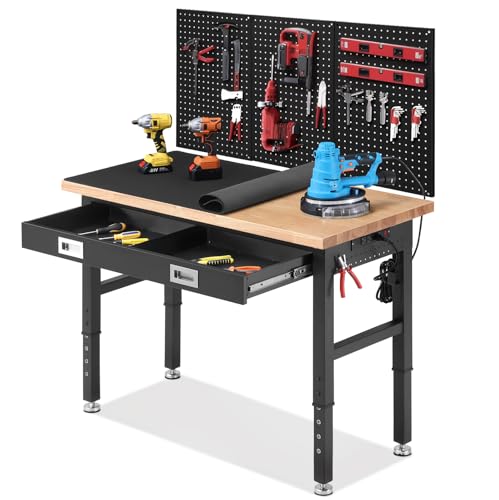 Comparison: Home Depot Workbench With Drawers 9 ENJOYWOOD Work Bench with Storage Adjustable Workbenches with Drawer for Garage 48 Inch Rubber Wood Top Garage Workbench with Pegboard, Power Outlets for Woodworking,Home, Office, Workshop