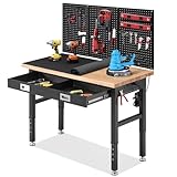 ENJOYWOOD Work Bench with Storage Adjustable Workbenches with Drawer for Garage 48 Inch Rubber Wood Top Garage Workbench with Pegboard, Power Outlets for Woodworking,Home, Office, Workshop