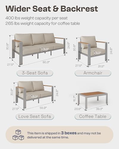 Oasbira Aluminum Outdoor Patio Furniture Set with Coffee Table, 4 Piece Patio Conversation Sets with Washable Thick Cushions, Outdoor Sectional Furniture Set for Porch, Balcony, Deck, Silver
