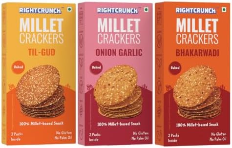 RIGHTCRUNCH Combo Millet Crackers | Gluten-Free Healthy Snacks | High Fibre | No Palm Oil | Baked | All Natural | No Preservatives | Bhakarwadi, Onion Garlic & Til-gud |Pack of 3 – 300g