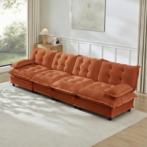 Image of 138 inch Sectional Couches for Living Room, Orange 4 Seater Modern Chenille Deep Seat Sofa Set, Salas para Casa, High Back Cloud Couch Modular Sectional Sets