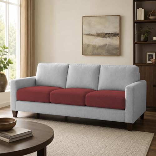 Image of Casaliving Gladino Modern Velvet Fabric Sofa, Tufted Design Upholstered 3 Seater Sofa Set for Living Room, Premium Velvet Fabric Sofa (Maroon Grey)