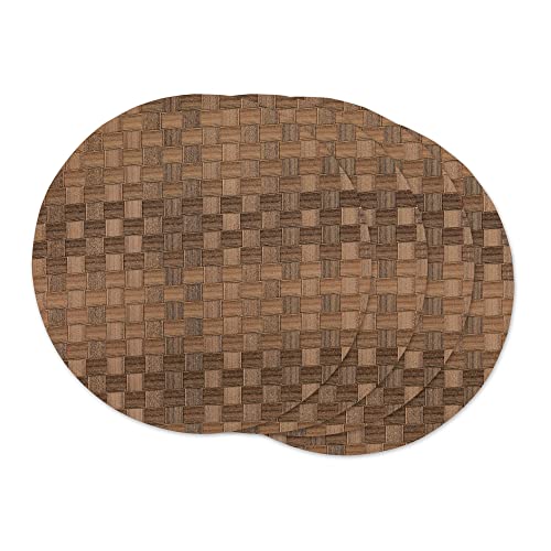 DII PVC Tabletop Collection Decorative Woven Basketweave Design, Placemat Set, 15" Round, Leather Brown
