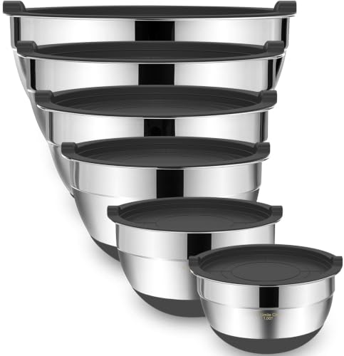 Umite Chef Mixing Bowls with Airtight Lids,6 piece Stainless Steel Metal Nesting Storage Bowls, Non-Slip Bottoms Size 7, 3.5, 2.5, 2.0,1.5, 1QT, Great for Mixing & Serving(Grey)