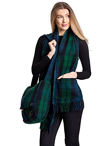 Patrick King Woollen Company Long Merino Wool Scarf with Pockets - Black Watch Fringed Plaid Oversized Scarf 10