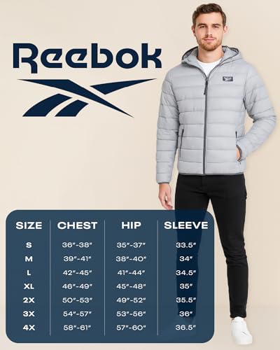 Reebok Men's Jacket – Lightweight Hooded Quilted Puffer Coat – Warm Insulated Winter Jacket for Men (S-4X), Size 5X, Charcoal