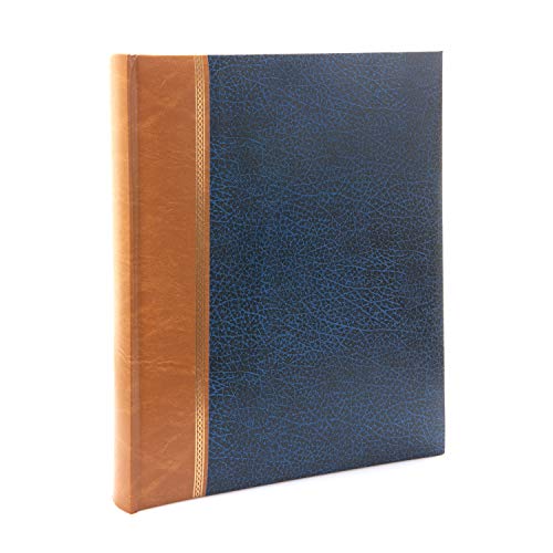 Kenro Classic Navy Blue Faux Leather Photo Album, Traditional Design in Two-Tone with Gold Strip for 100 Photos A4 / 21x29.7cm with Memo Space Beside Each Photograph and Slip-in Pages, Grace Series – KD148