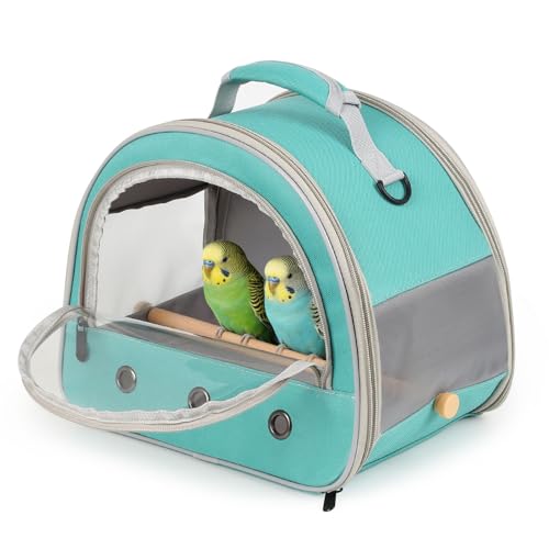 Image of Bird Carrier, Portable Small Bird Parrot Parakeet Carrier with Standing Perch and Stainless Steel Tray, Side Access Window Collapsible (Green, Horizontal Perch)