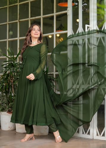 Image of Olive Green Flared Anarkali Dress with Lace Detailing Suit Set