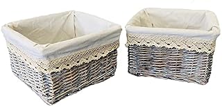 Home Delights Pair of 2 Baskets, Stylish Rattan Shabby Chic Rattan Wicker Baskets for Bedroom, Lightweight, Durable, Handmade Double Woven Wicker, Detailed Lining Storage Baskets with Handles (Grey)