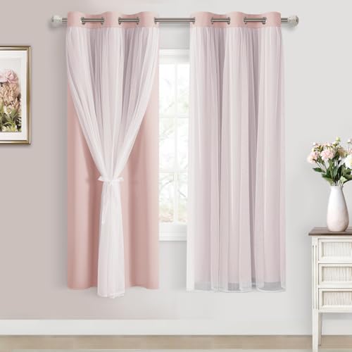 Image of DWCN Pink Blackout Curtains with Sheer Overlay with Tiebacks 63 Inch Long