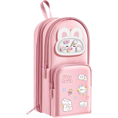 Image of Parshya Cute RABIT Pencil Pouch for Girls Large Capacity Pen Bag with 3 Layers & 6 Pockets Multi-Functional Hanging Pencil Case for Kids, Students & Office Use Pink Aesthetic Stationery Organizer