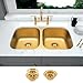 LQS 32” x 18” Gold Kitchen Sink, Undermount Kitchen Sinks, 50/50 Double Bowl Stainless Steel Sinks with Accessories