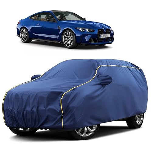 Image of Sulfar 100% Water Resistant Car Body Cover Compatible with Mirror for BMW M4 (Triple Stitched, Full Bottom Elastic, Blue Taffeta with Yellow Piping)