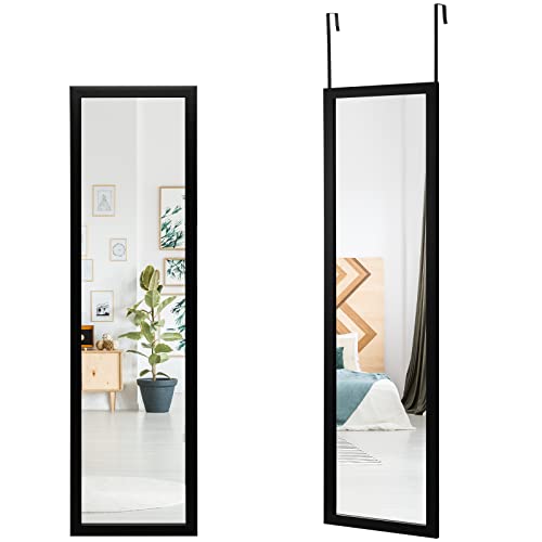 COSTWAY Over the Door Mirror, Full Length Hanging Mirrors with Hooks, Wall Mounted Dressing Mirror for Bathroom, Bedroom and Wardrobe, Vertically/Horizontally Use (Black)