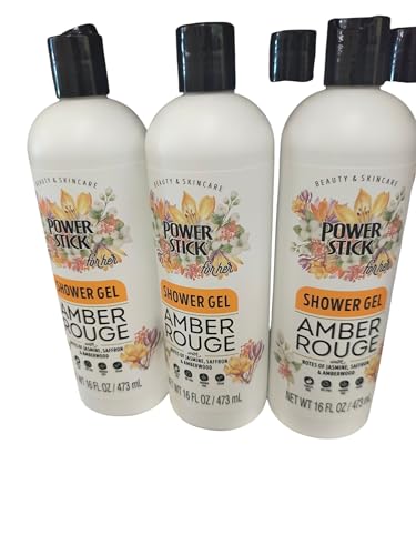 Power Stick Amber Rouge Shower Gel for Her with Jasmine, Saffron and Amberwood Notes, 16 Fl Oz, 3 Pack