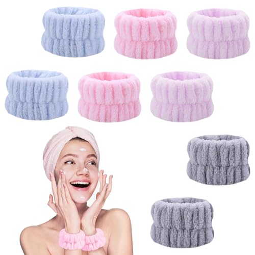 Muñequeras Skincare para Lavar la Cara, 4 Pares de Microfibra Absorbente para Rutina de Belleza y Spa, Bandas de Toalla Elásticas para Muñeca, Evita que el Agua Gotee por los Brazos, Multicolor 1