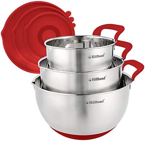Hillbond Mixing Bowls with BPA Free Airtight Lids Nesting Bowls with Pour Spout, Silicone Handle and Non-Slip Bottoms for Baking, Stainless Steel Mixing Bowls Dishwasher Safe, 1.5, 3, 5 QT (Red) - Thumbnail 2