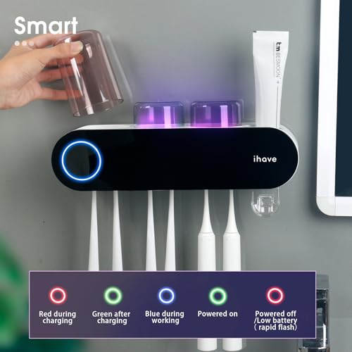 Image of iHave Wall Mounted Electric Toothbrush Holders with 3 Cups, UV Sanitizer, Toothpaste Dispenser, Smart Home Bathroom Accessories & Decor, Black