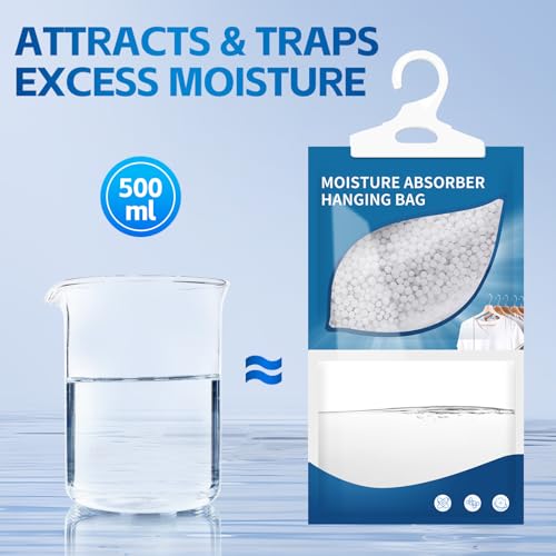 5 Packs Hanging Moisture Absorber, Hook Design Moisture Absorbing Bag, 9.8 oz. Large Capacity Moisture Absorbing Bag, Suitable for closets, bathrooms, bedrooms,basements, closets, laundry rooms,etc.