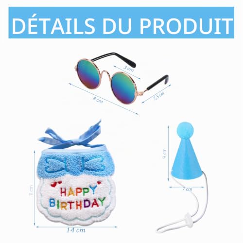Lot de 3 pièces pour animaux domestiques – bavoirs, chapeau d'anniversaire et lunettes – Set de décorations pour chats et chiens, pour fêtes – vue 2