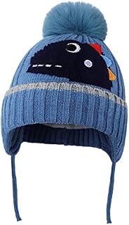 Boys Winter Hat - Kids Beanie Hat Earflap Dinosaur Kids Bobble Hat Thermal Fleece Lining Toddler Knitted Hat with Strap Pompom