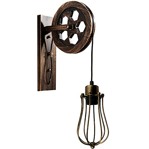 Image of DC VOLTAGE Industrial Pulley Wheel Wall Light Brushed Copper Wire Cage E27