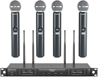 Phenyx Pro Wireless Microphone System, Quad Channel Wireless Mic, w/ 4 Handheld Dynamic Microphones, 4x40 Channels, Auto Scan, Long Distance 328ft, Microphone for Singing, Church, Karaoke (PTU-7000A)