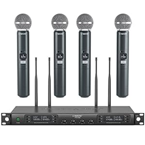 Phenyx Pro Wireless Microphone System, Quad Channel Wireless Mic, w/ 4×40 UHF Frequencies, Auto Scan, 328ft Long Range, 4 Handheld Dynamic Microphone for Singing, Church, Karaoke (PTU-7000-4H)