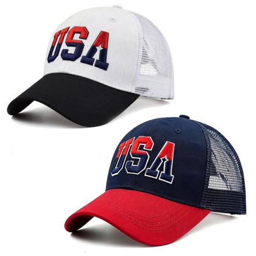 Image of 2 Pcs American Flag Trucker Hat Men Women,USA Patriotic Baseball Cap