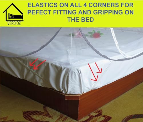 Image of VERDIOZ with Device Foldable Poly Cotton Double Bed Mosquito Net Machardani, Corrosion Free Steel Wire, 30 GSM White NET with Ventilation, Visibility and Saviour kit (King Size, 200X200X145 cm, Grey)