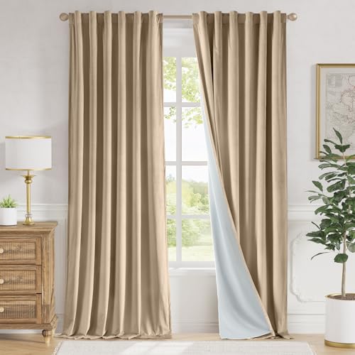 Image of Latte Velvet Curtains Warm Back Tab 52x96 Inch 2 Panels | Soft Velvet, Blackout, For Bedroom & Living Space, Light Shifting Texture, Elegant Drape, Neutral