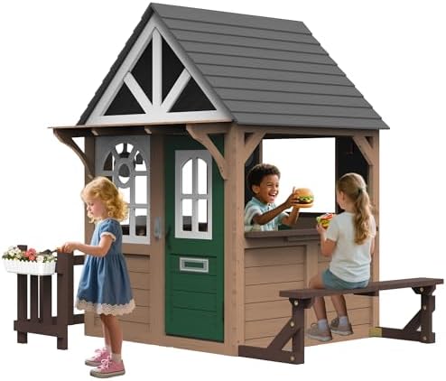 Seizeen Outdoor Play House for Kids, Fir Wooden Kids Playhouse Outdoor Indoor Cottage Toddler Playhouse with Kitchen, Dutch Door, Bench, Flowerpot Holders, Working Doorbell, Pet Hole, Clock (Brown)
