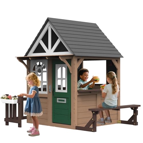 Seizeen Outdoor Play House for Kids, Fir Wooden Kids Playhouse Outdoor Indoor Cottage Toddler Playhouse with Kitchen, Dutch Door, Bench, Flowerpot Holders, Working Doorbell, Pet Hole, Clock