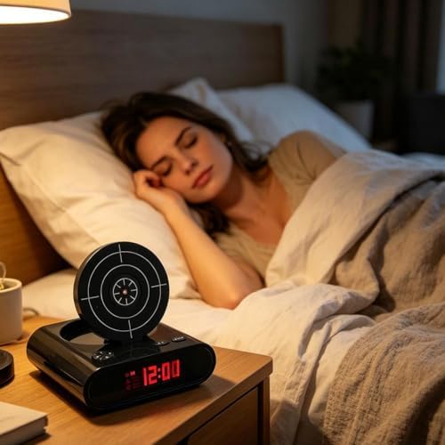 Digital Alarm Clock with Gun & Target - Fun Interactive Wake Up, Record Your Own Alarm Voice, 1 or 5 Hits to Stop, Compact 5.4" Size for Nightstand Desk,Unique Gadget Gift for Heavy Sleeper (Black) - 2