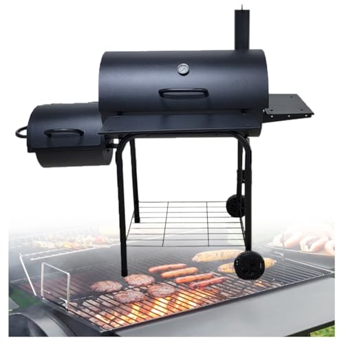 Parrilla portátil de carbón para barbacoa con mesa auxiliar para ahumador compensada y termómetro, perfecta para camping, picnics, fiestas en el patio y cocinar al aire libre con rejillas de