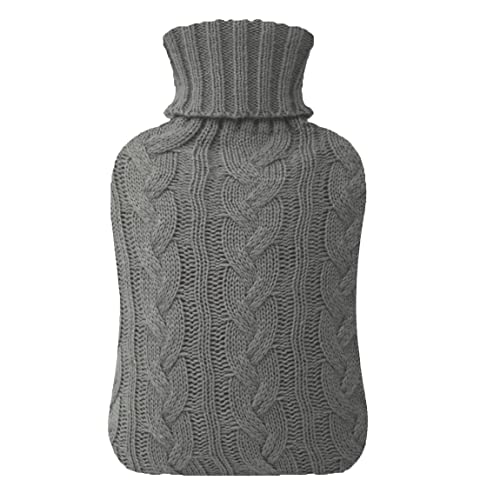 Samply Wärmflasche mit Bezug - Weicher Premium Strickbezug - 2L groß Wärmeflasche, grau Cover