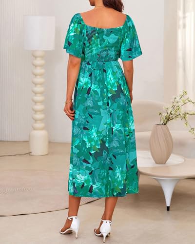 Image of Fashionme Womens Dresses 2026 Maxi Dresses Deep V Neck Elegant Bow Tie Front Cap Sleeve Summer Floral Satin Smocked Dress